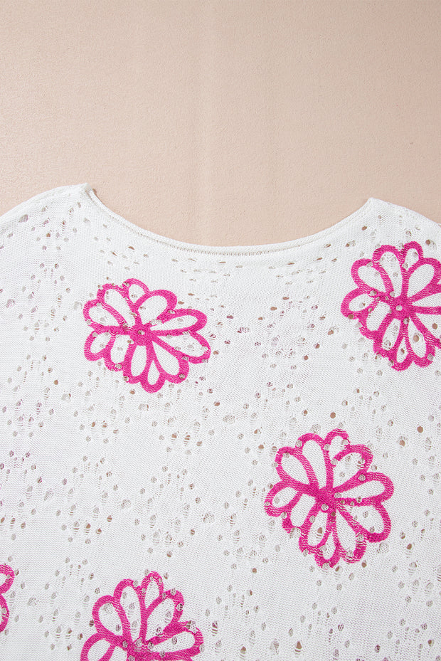 White Contrast Flower Print Eyelet Drop Shoulder Sweater