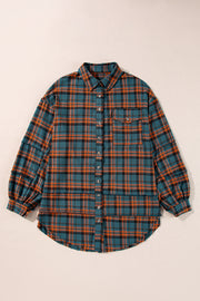 Green Plaid Long Sleeeve Side Split Distressed Hem Shirt