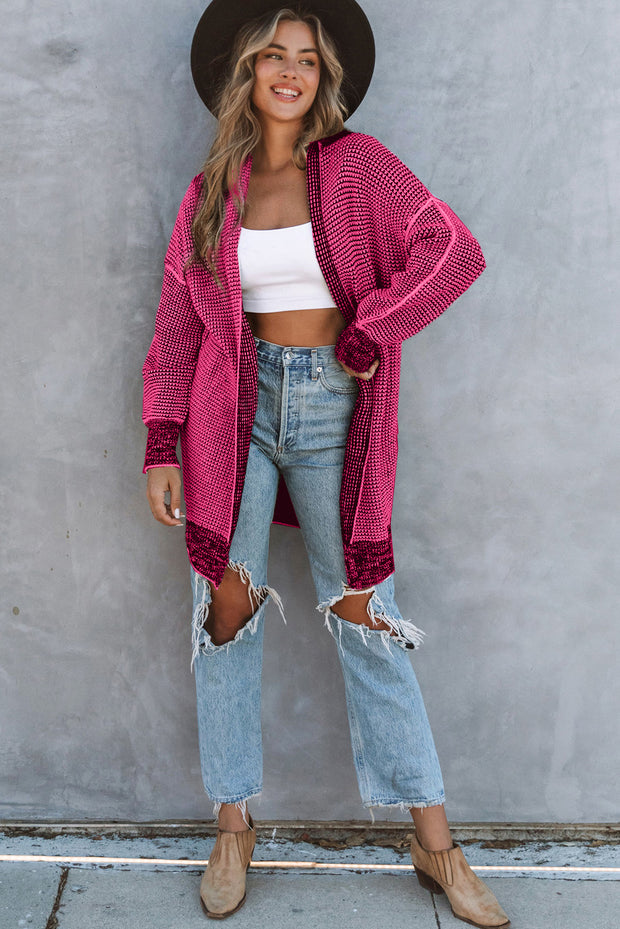 Rose Plaid Knitted Long Open Front Cardigan