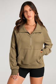 Brown Quarter Zip Stand Neck Kangaroo Pocket Sweatshirt