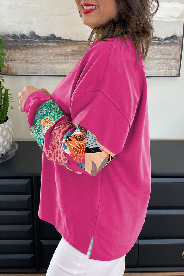 Rose Red Plus Size Printed Patchwork Sleeve Split Sweatshirt