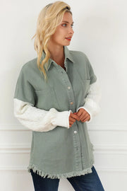 Raw Hem Collared Neck Button Up Long Sleeve Jacket