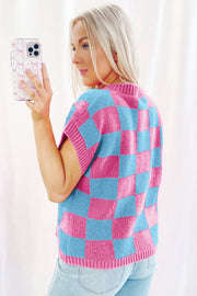 Sachet Pink Colorblock Plaid Pattern Ribbed Trim Sweater Tank Top