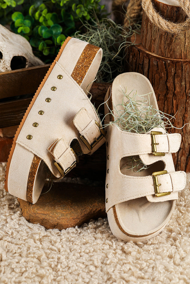 Beige Suede Buckle Decor Corky Platform Slides Shoes