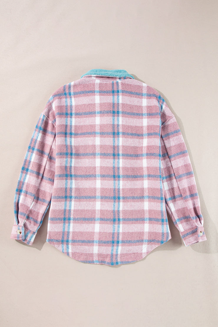 Pink Plaid Print Color Block Collared Flap Pockets Loose Shacket