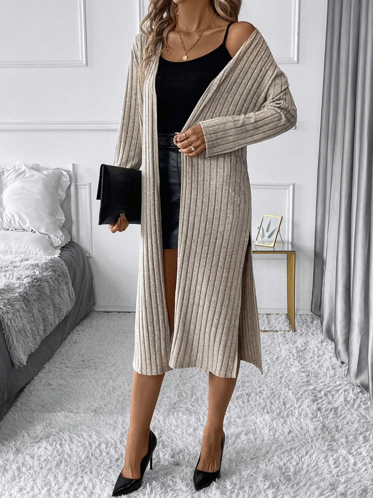 Side Slit Ribbed Open Front Cardigan