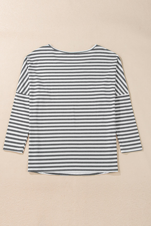 Gray Stripe Drop Sleeve Round Neck Oversized Long Sleeve Top