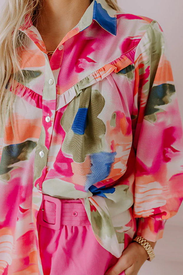 Rose Abstract Print Ruffled Puff Sleeve Shirt