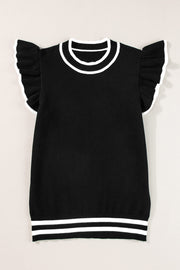 Black Edge Piping Ruffled Sleeve Round Neck Knit T Shirt