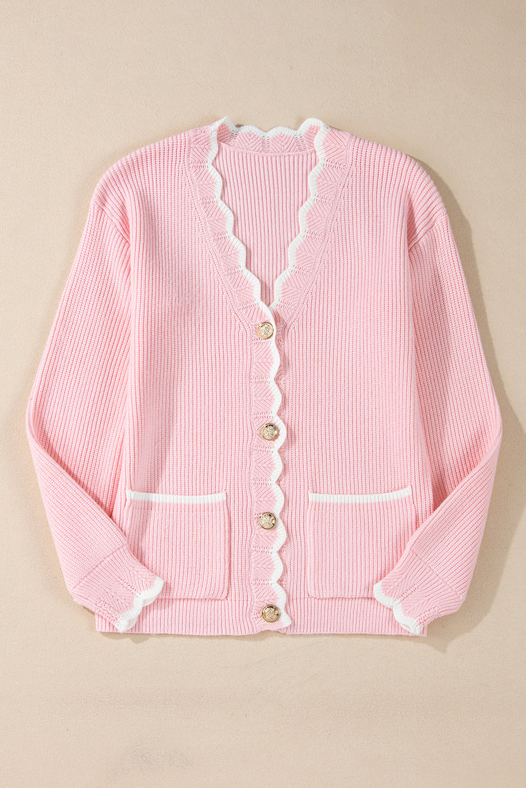 Pink Ribbed Knit Scalloped Edge Side Pockets Buttoned Cardigan