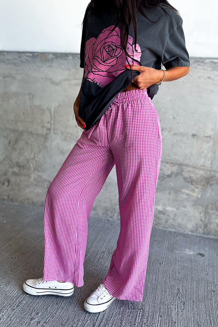 Pink Plaid Print Drawstring High Waist Wide Leg Casual Pants