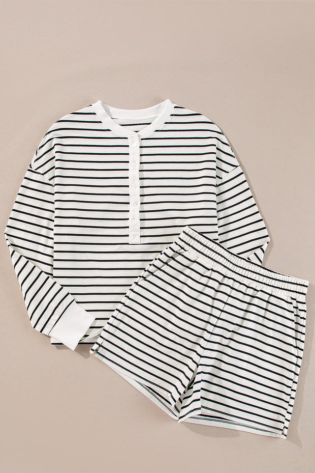 Black white Stripes Printed Half Button Long Sleeve Top and Shorts Set