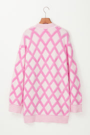 Pink Rhombus Pattern Knit Open Front Pocketed Cardigans