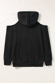 Black Exposed Seam Cold Shoulder Drawstring Hoodie