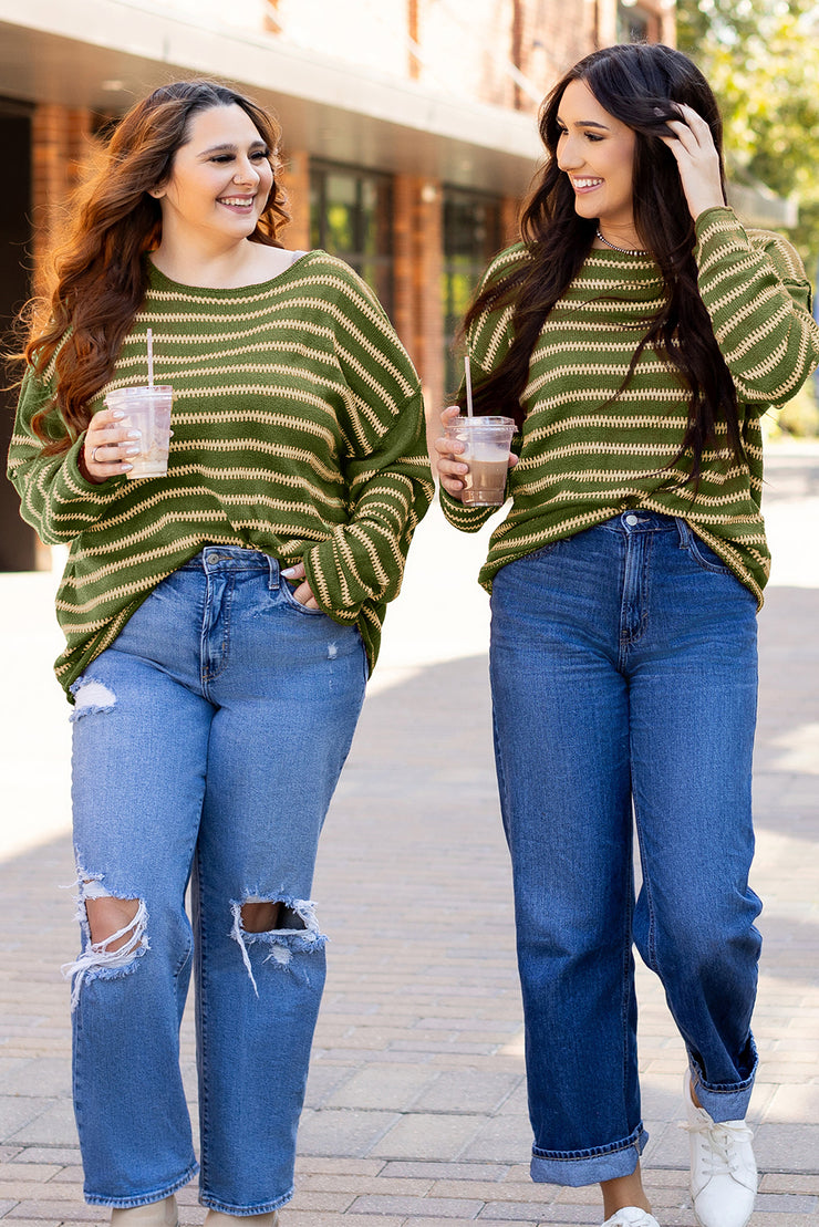 Green Stripe Drop Shoulder Casual Sweater