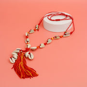 Red String and Cowrie Shell Long Tassel Necklace