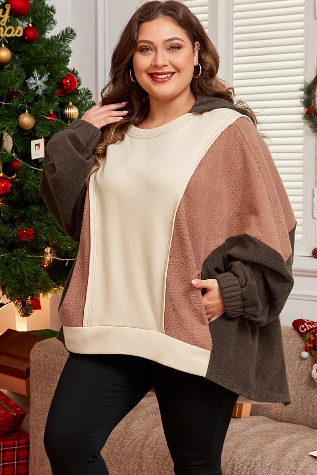 Brown Exposed Seam Colorblock Plus Size Hoodie