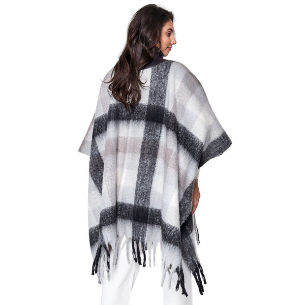 Poly Black Plaid Long Zip Fringe Poncho  for Women