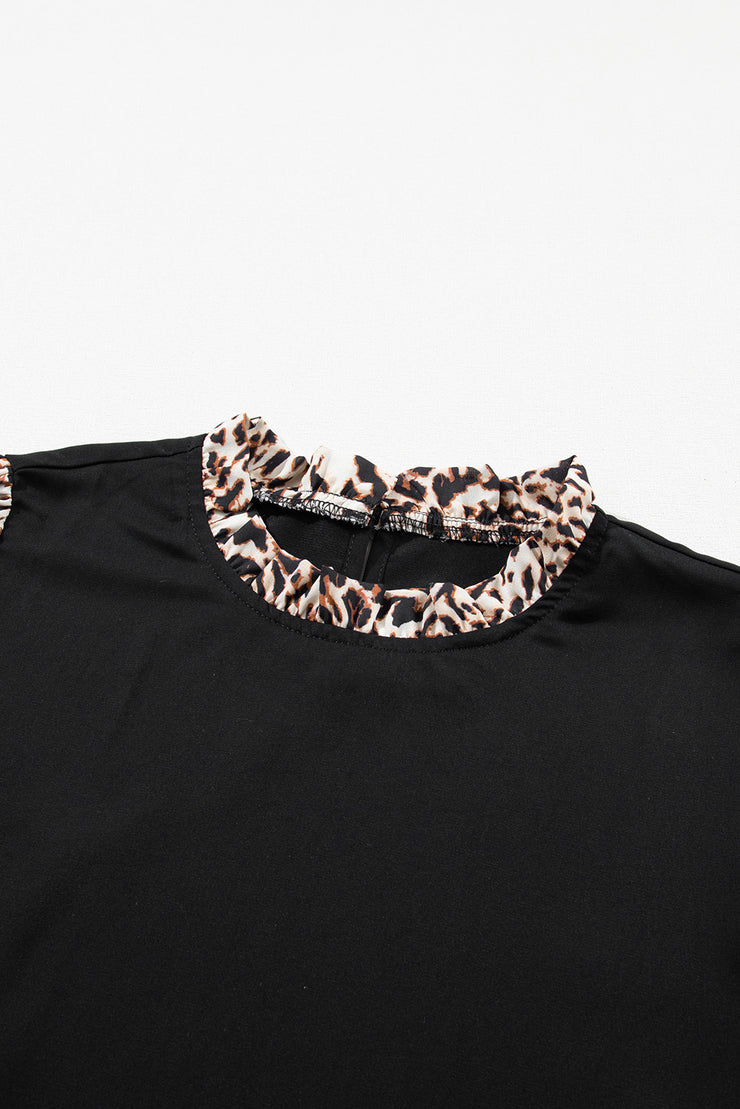 Black Contrast Leopard Print Lantern Sleeve Blouse