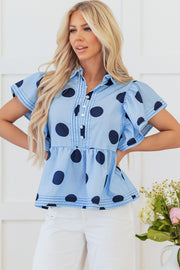 Sky Blue Polka Dot Print Ruffled Short Sleeve Buttoned Collared Blouse