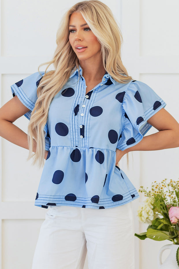 Sky Blue Polka Dot Print Ruffled Short Sleeve Buttoned Collared Blouse