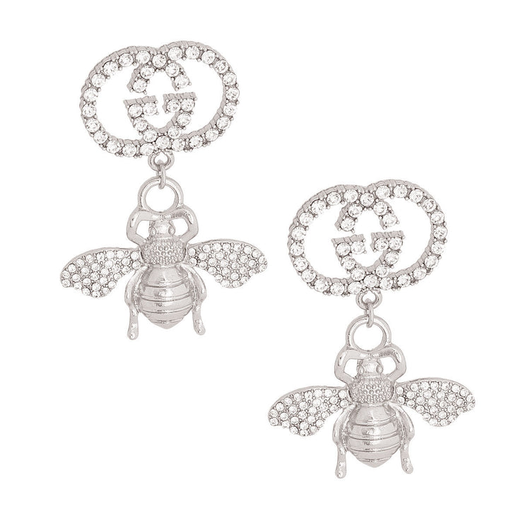 Silver Designer Logo Bee Earrings