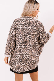 Khaki Leopard Print Batwing Sleeve Loose Tunic Cardigan