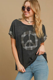 Umgee Peace Applique Round Neck French Terry Top