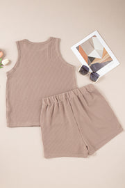 Smoke Gray Corded Sleeveless Top and Pocketed Shorts Set