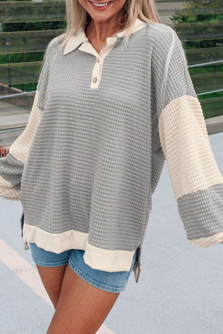 Khaki Textured Colorblock Collared Henley Top