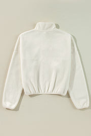 White Fleece Placket Turn-down Collar Drop Shoulder Sweatshirt