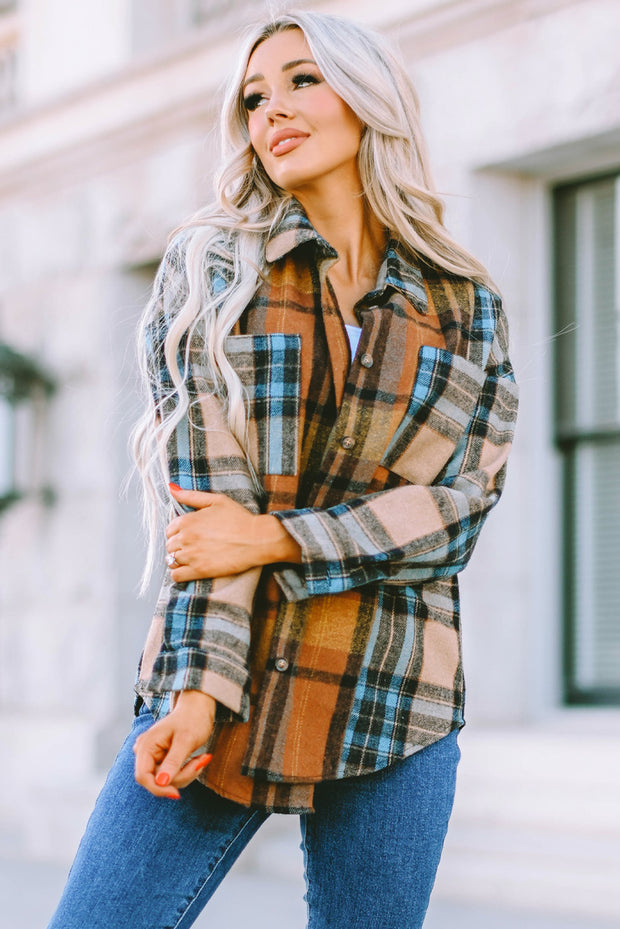 Brown Plaid Color Block Buttoned Shirt with Pockets