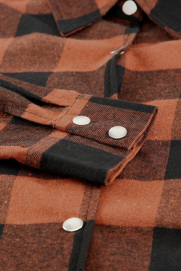 Brown Turn-down Collar Plaid Shirt Coat