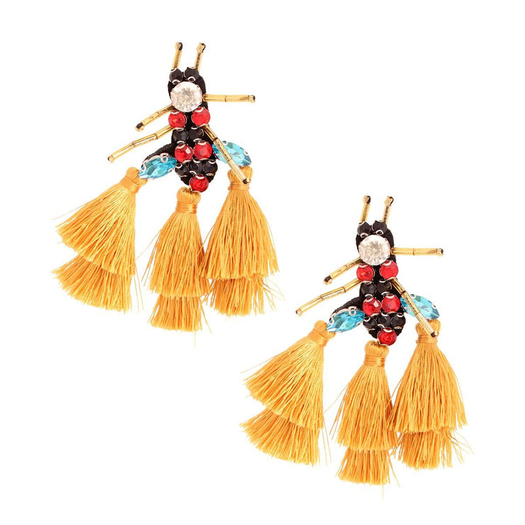 Rhinestone and Tassel Mustard Bee Earrings