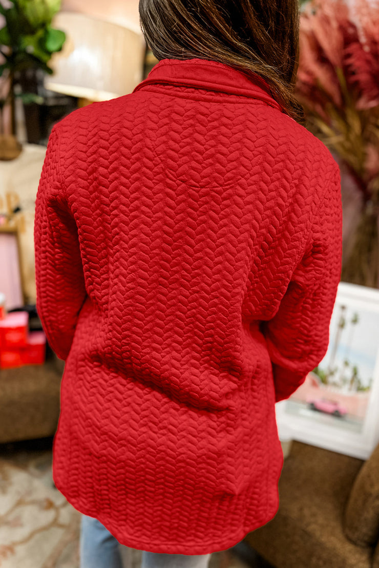 Tomato Red Cable Textured Quarter Zip Pocketed Plus Size Pullover