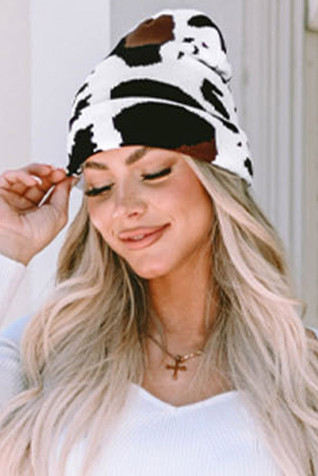 Black Cow Spots Printed Warm Beanie Hat