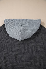 Gray Textured Color Block Kangaroo Pocket Drop Shoulder Hoodie