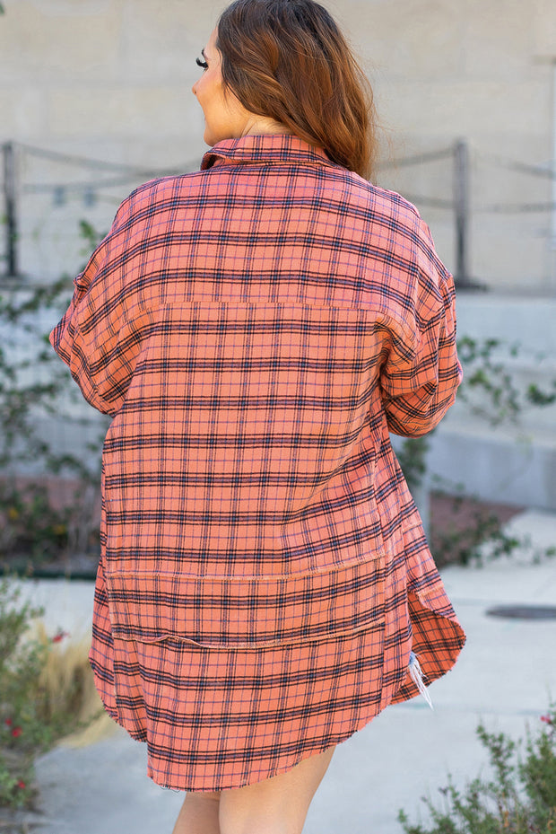 Red Plaid Long Sleeeve Side Split Distressed Hem Shirt