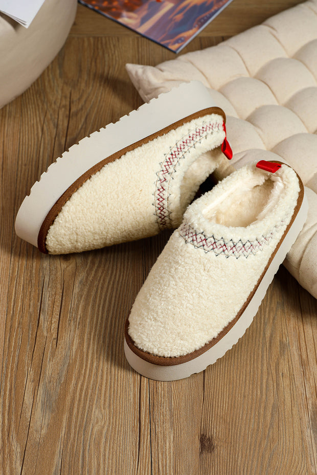 White Suede Contrast Print Plush Thick Sole Slippers