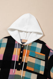 Multicolour Plaid Color Block Flap Pocket Buttoned Hoodie