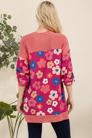 Celeste Full Size Side Slit Flower Print Long Sleeve Top