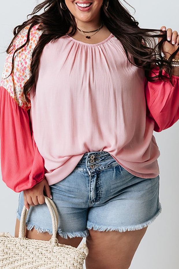 Pink Contrast Floral Patchwork Long Sleeve Plus Size Blouse