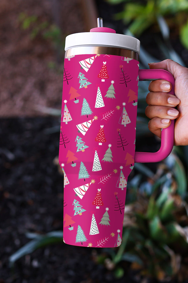 Rose Red Cartoon Christmas Tree Printed Thermos Cup 40oz