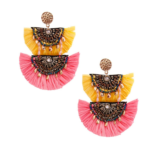 Yellow and Pink Raffia Tassel Earrings