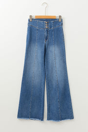 Sail Blue High Waist Button Fly Seamed Raw Hem Flare Jeans