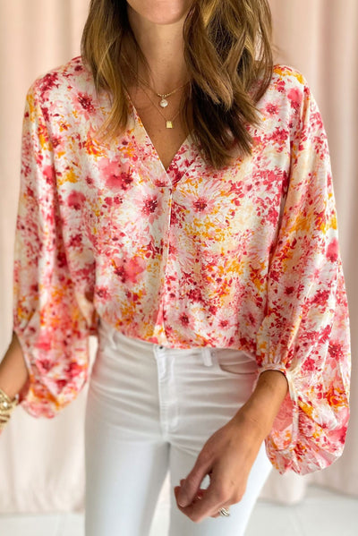 Pink Ditsy Floral Bubble Sleeve V Neck Blouse