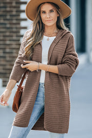 Brown Horizontal Rib Knitted Open Front Hooded Cardigan