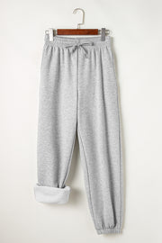 Light Grey Solid Color Fleece Lined Drawstring Waist Joggers