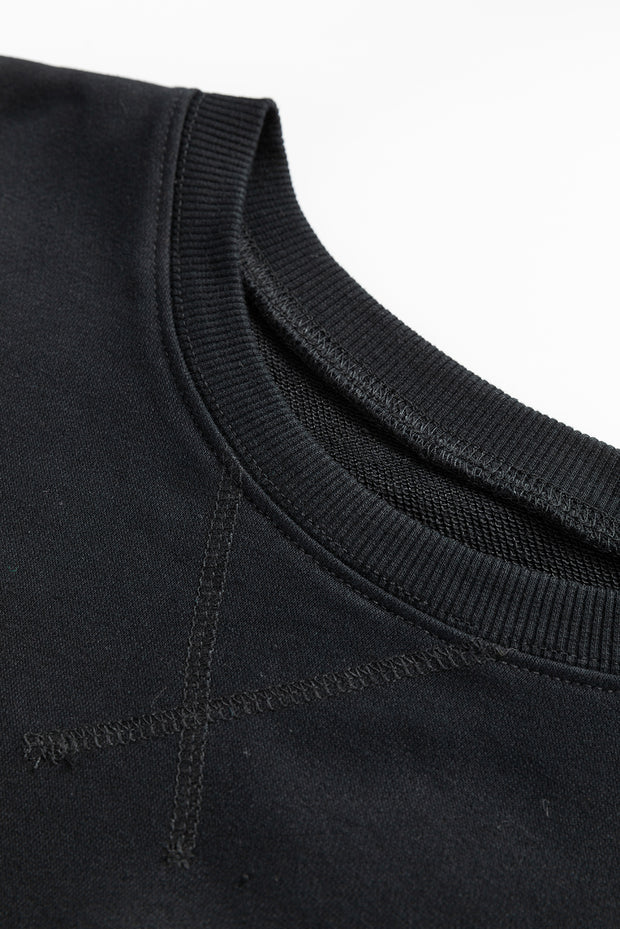 Black Drop Shoulder Crisscross Stitching Pocketed Loose Sweatshirt