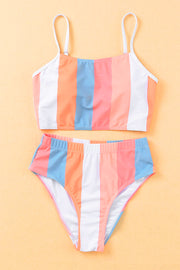 Orange Vertical Striped High Waist Bikini Swimsuit